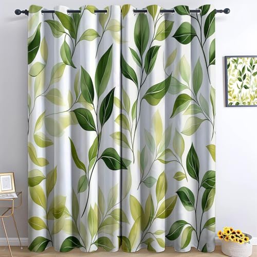 Vorhang Blickdicht Vorhänge mit Ösen Gardinen Pflanzen Sie Grüne Blätter Zweige Deko Ösenvorhang Dekoschal Dekogardinen für Schlafzimmer Wohnzimmer H214 x B91.5 cm (2er Pack), Grün von Generic
