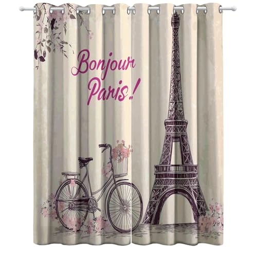 Vorhang Gelb Blickdicht Thermovorhang Verdunkelungsvorhänge Eiffelturm Blumen Fahrrad Paris Deko Gardine isolierend Kälteschutz Sonnenschutz Fensterdeko H260 x B140 cm (2er Pack) von Generic