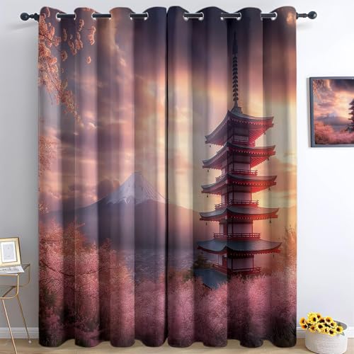 Vorhang Japanischer Stil Blumen Tempel Drucken Rot mit Ösen Verdunklungsvorhänge Gardinen Thermo Vorhänge Blackout Curtain Kinder Wohnzimmer Schlafzimmer H160 x B70 cm (2er Pack) von Generic