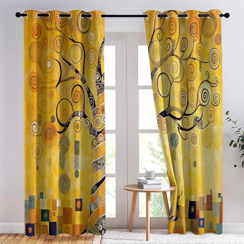 Vorhang Klimt Lebensbaum Der Linien Drucken Gelb mit Ösen Verdunklungsvorhänge Gardinen Thermo Vorhänge Blackout Curtain Kinder Wohnzimmer Schlafzimmer H230 x B117 cm (2er Pack) von Generic