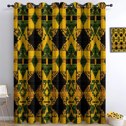 Vorhang Traditionelle Afrikanische Geometrie Drucken Gelb mit Ösen Verdunklungsvorhänge Gardinen Thermo Vorhänge Blackout Curtain Kinder Wohnzimmer Schlafzimmer H160 x B70 cm (2er Pack) von Generic
