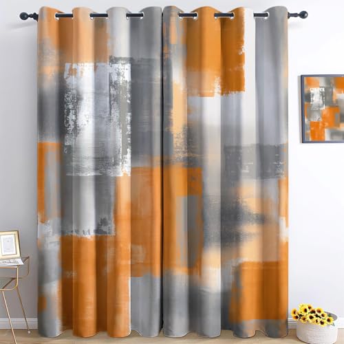 Vorhang Verdunkelung Grau Orange Abstrakt FarbblöCke dekorative Vorhänge H229 x B168 cm (2er Pack) Schlafzimmervorhänge Muster Gardinen Mit Ösen geeignet für Balkon Schlafzimmer Wohnzimmer Fenster von Generic