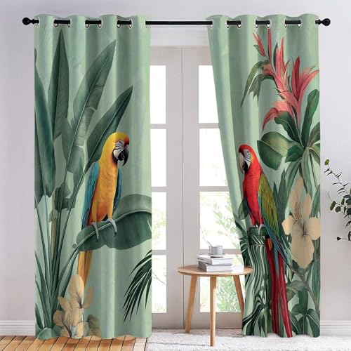 Vorhang Vintage Malerei Vögel Drucken Grün mit Ösen Verdunklungsvorhänge Gardinen Thermo Vorhänge Blackout Curtain Kinder Wohnzimmer Schlafzimmer H214 x B91.5 cm (2er Pack) von Generic