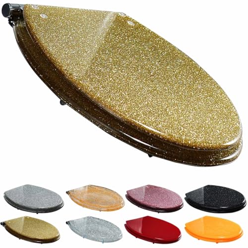 WC-Sitz Heavy Duty Glitzer-Toilettensitz Soft Close mit Schnellverschluss, Einfache Befestigung Oben/unten, Klobrille Harzmaterial(Gold) von Generic
