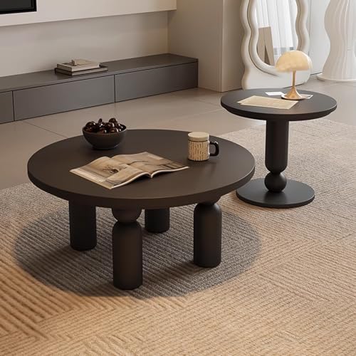 Wabi-Sabi-Style Massivholz-Retro-Runde Couchtisch-Set 2er-Set Wohnzimmertisch Dicke Wasserfeste Platte Dicke Beine Stubentisch Für Wohnzimmer, Balkon Und Büro(Black) von Generic
