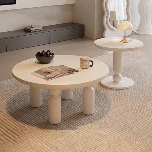 Wabi-Sabi-Style Massivholz-Retro-Runde Couchtisch-Set 2er-Set Wohnzimmertisch Dicke Wasserfeste Platte Dicke Beine Stubentisch Für Wohnzimmer, Balkon Und Büro(White) von Generic