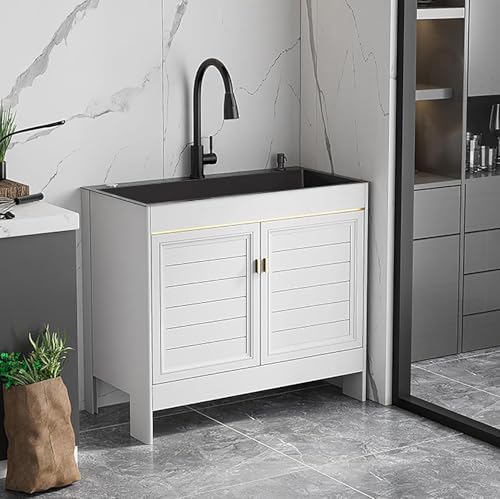Wäscherei Utility Waschbecken Wäschespüle Mit Schrank Freistehende Küchenspüle Mit Wasserhahn Und Ablagefächern Mit Abtropffläche Für Garage Restaurant K, Pull Faucet, 72x45x80cm von Generic