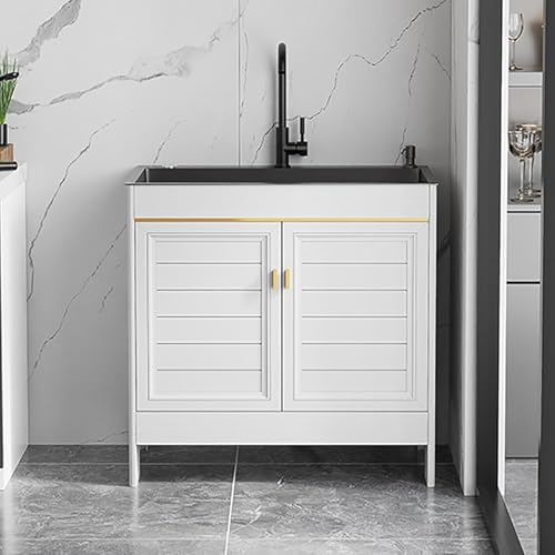 Wäscherei Utility Waschbecken Wäschespüle Mit Schrank Freistehende Küchenspüle Mit Wasserhahn Und Ablagefächern Mit Abtropffläche Für Garage Restaurant K, Round Faucet, 100x45x80cm von Generic