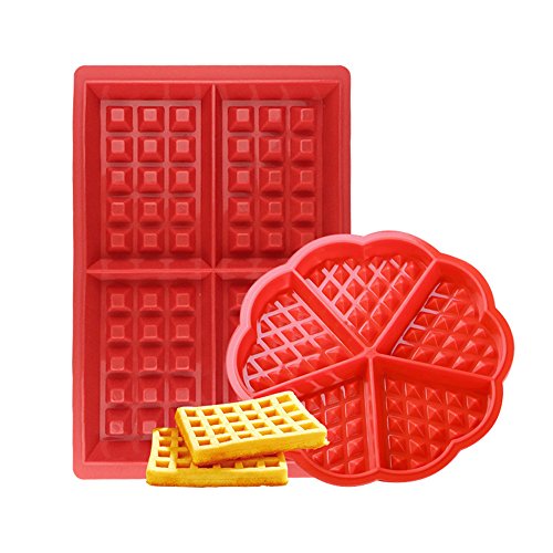 Waffle Mould, Silicone Waffle Baking Mould 2 Pack Non-Stick Silicone Mould Set for Children Muffins Biscuit Cooking Kitchen Baking Rectangular and Heart-Shaped Red von Generic