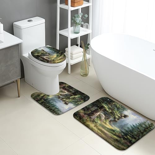 Wald-Badematten-Set, 3-teilig, lebendige Naturszene, saugfähig, rutschfest, WC-Vorleger, U-förmig, waschbar, malerische Landschaft, schnell trocknend, Memory-Schaum, Badezimmerteppich-Set von Generic