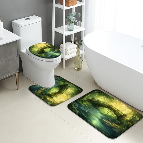 Waldbrücken-Badematten-Set, 3-teilig, verzauberte Naturlandschaft, saugfähig, rutschfest, WC-Vorleger, U-förmig, waschbar, schnell trocknend, Memory-Schaum, Badezimmerteppich-Set von Generic