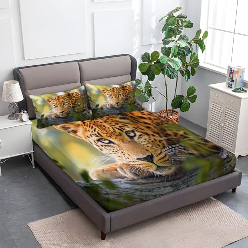 Waldgrün Spannbettlaken Set 90 x 200 cm, Wildtierleopard Bedrucktes Weiches Spannbetttüche, Microfaser Atmungsaktiv Bettwäsche Tiefe Tasche 30 cm mit 2 Kissenbezügen Waldgrün Spannbettlaken Set 90 x 200 cm, Wildtierleopard Bedrucktes Weiches Spannbetttüche, Microfaser Atmungsaktiv Bettwäsche Tiefe Tasche 30 cm mit 2 Kissenbezügen von Generic