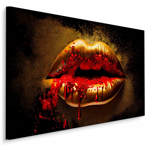 Wallepic Canvas Leinwand Bilder Kunstdruck goldene Mund Lippen roter Lippenstift Abstraktion 3D Wanddekoration Wandbild für Wohnzimmer Schlafzimmer Esszimmer Büro Br. 90cm x Hö. 60cm von Generic