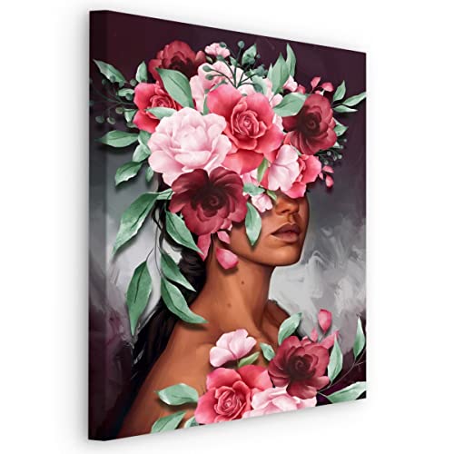 Wallepic Leinwand Bild CANVAS Kunstdruck GESICHT Frau ROSEN Blumen Blätter Natur Abstrakt Malarei Wanddekoration Wohnzimmer Schlafzimmer Esszimmer Br. 40 cm x Hö. 60 cm von Generic