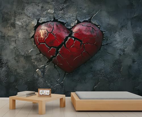 Wandbild Mit Liebesherz Rote Herzförmige Riss Raumtapete Zerbrechliche Liebesherz Tapete Graue Wandtapete für Schlafzimmer Wandbild Poster für Wohnzimmer Schlafzimmer Kinderzimmer von Generic