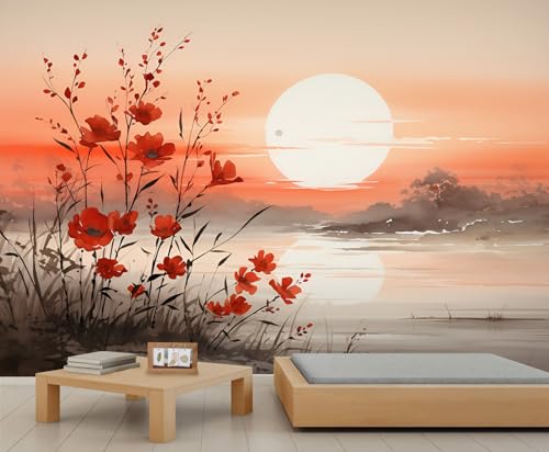 Wandbild Natur Landschaft Orangeroter Himmel Sonne Wandtapete Rote Blumentapete Entfernte Berge Wandtapete für Schlafzimmer Wohnzimmer Poster 100 X 70 cm von Generic