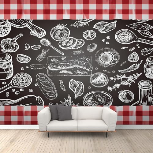 Wandbild Zutaten für Lebensmittel Kochutensilien Handgemalte Akzenttapete Schwarze Tapete Rot Weiß Kariert Kindertapete für Schlafzimmer Wohnzimmer Sofa Tv Hintergrund Wandbild Poster Dekor von Generic