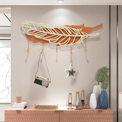 Wandgarderobe aus Metall, Moderner Haken in Federform, Platzsparende Wohnkultur, zum Aufhängen von Hüten Taschen und Jacken, für die Veranda im Wohnzimmer Schlafzimmer(Orange,75x30cm) von Generic