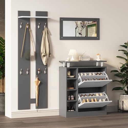 Wandgarderoben Set mit Spiegel 2 Wandpaneelen 1 Regalwand und Schuhschrank Anthrazitgrau matt Flurmöbel Flurtrockenständer Schuhwechsler-Set Grau Wandgarderoben Set mit Spiegel 2 Wandpaneelen 1 Regalwand und Schuhschrank Anthrazitgrau matt Flurmöbel Flurtrockenständer Schuhwechsler-Set Grau von Generic