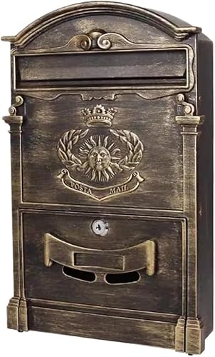 Wandhalterung Verriegelung Briefkasten Metall Wandmontierter Briefkasten Dekoratives Schloss Briefkasten Outdoor, Bronze, 41 * 26 * 9cm von Generic