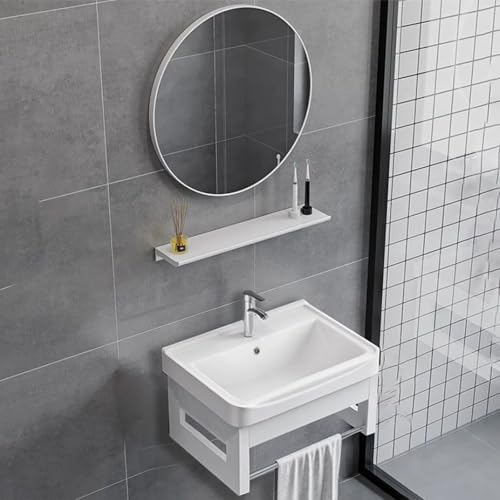 Wandmontierte Kleine Badezimmer-Waschtisch-Spiegel-Kombination – Platzsparender Mit Waschbecken Kompakte Balkone Waschküchen Hängender Waschtisch(Weiß,43 * 35 * 26cm) von Generic