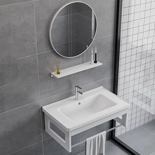 Wandmontierte Kleine Badezimmer-Waschtisch-Spiegel-Kombination – Platzsparender Mit Waschbecken Kompakte Balkone Waschküchen Hängender Waschtisch(Weiß,60 * 40 * 26cm) von Generic