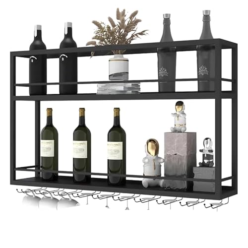 Wandmontierte Weinregal, Industriell Schwarz Metallflaschenhalter Multi funktionaler Weinpareite Display Rack 2-stufiges für Home Bar Dining Room Kitchenki(Size:150×20×65cm,Color:schwarz （Nein hell）) von Generic