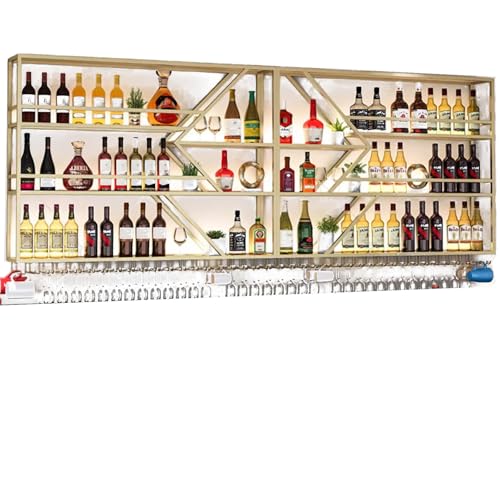 Wandmontierte Weinregale Hängendes Weinregal Wandmontiertes Weinlagerregal Weinregal Wandmontierte schwebende Barregale mit Weinglashalter, die mit LED-Licht mit Weinglashalter (Gold, von Generic