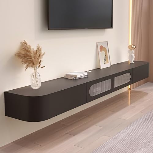 Wandmontierter schwebender TV-Ständer mit Glastüren Schubladen und großem Ablagefach Schwarz Holz Unterhaltung Medienkonsole Center für Wohnzimmer 259 x 22 x 20 cm von Generic