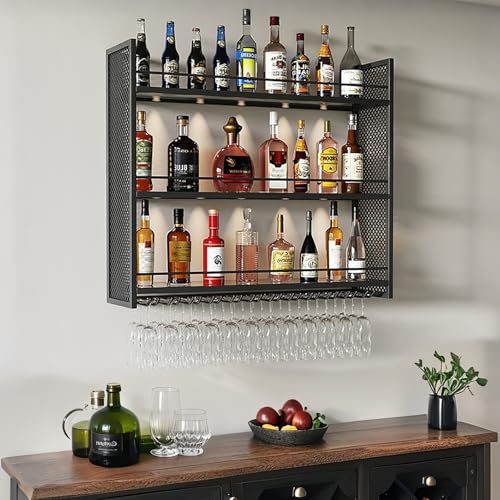 Wandmontiertes Weinregal - Metall-Spirituosenregal mit Glashalter Eisen schwimmende Barregale für Küche und Wohnzimmer Stielgläser Aufbewahrung und Flaschendisplay (schwarz 80cm) von Generic