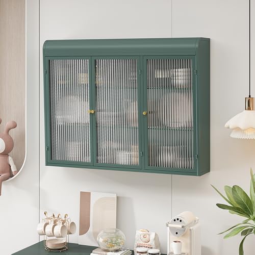 Wandschrank mit 3-türige gewölbte Glasschränke Wandmontage Aufbewahrungsschrank für Küche Wohnzimmer Badezimmer Esszimmer Kabinett Grün von Generic