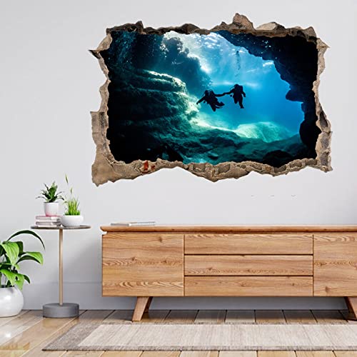 Wandsticker Scuba Diving Diver Under Sea Cave 3D Smashed View Wall Sticker Poster Decal A432 55x80cm von Generic