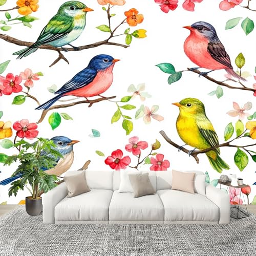 Wandtapete Fototapete 200x140 cm, Aquarellblumen Und VöGel Vliestapete Bildtapete, Bunt Staubdicht Panorama Poster für Kinderzimmer Schlafzimmer Wohnzimmer Wandposter Wandtapete Fototapete 200x140 cm, Aquarellblumen Und VöGel Vliestapete Bildtapete, Bunt Staubdicht Panorama Poster für Kinderzimmer Schlafzimmer Wohnzimmer Wandposter von Generic