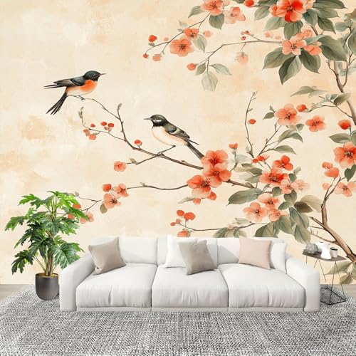 Wandtapete Fototapete 350x256 cm, Aquarell Blumen & VöGel Vliestapete Bildtapete, Beige Staubdicht Panorama Poster für Kinderzimmer Schlafzimmer Wohnzimmer Wandposter von Generic