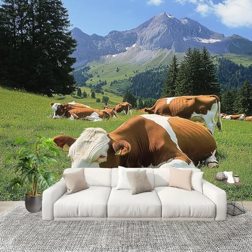 Wandtapete Fototapete 400x280 cm Alpine Graslandlandschaft Vliestapete Bild Dekoration Wandposter, Tier Kuh Tapete Panorama Poster für Wohnzimmer, Schlafzimmer Wand Dekoration Wandtapete Fototapete 400x280 cm Alpine Graslandlandschaft Vliestapete Bild Dekoration Wandposter, Tier Kuh Tapete Panorama Poster für Wohnzimmer, Schlafzimmer Wand Dekoration von Generic