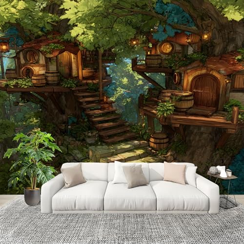 Wandtapete Fototapete 400x280 cm Fantasiewald Baumhaus Vliestapete Bild Dekoration Wandposter, GrüN Tapete Panorama Poster für Wohnzimmer, Schlafzimmer Wand Dekoration Wandtapete Fototapete 400x280 cm Fantasiewald Baumhaus Vliestapete Bild Dekoration Wandposter, GrüN Tapete Panorama Poster für Wohnzimmer, Schlafzimmer Wand Dekoration von Generic