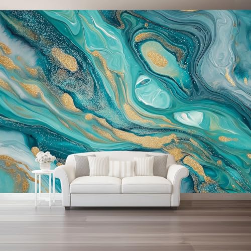 Wandtapete Vlies Fototapete Blaugrün Gold - Abstrakt Linien Marmorierung Wanddeko, Perfekt für Wohnzimmer & Schlafzimmer, Einfach anzubringen, Nicht selbstklebend, 350 x 256 cm Wandtapete Vlies Fototapete Blaugrün Gold - Abstrakt Linien Marmorierung Wanddeko, Perfekt für Wohnzimmer & Schlafzimmer, Einfach anzubringen, Nicht selbstklebend, 350 x 256 cm von Generic