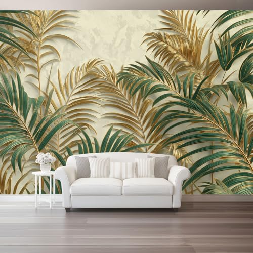 Wandtapete Vlies Fototapete Gold Grün - 3D Textur Blätter Palmblätter Wanddeko, Perfekt für Wohnzimmer & Schlafzimmer, Einfach anzubringen, Nicht selbstklebend, 400 x 280 cm von Generic