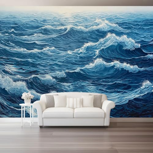 Wandtapete Vlies Fototapete Marineblau Weiß - Natur Meereswellen Gemalt Wanddeko, Perfekt für Wohnzimmer & Schlafzimmer, Einfach anzubringen, Nicht selbstklebend, 350 x 256 cm von Generic