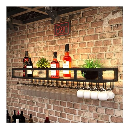 Wandweinregal mit LED-Licht Barregale Spirituosenflaschenregal Wandhalterung für Spirituosenflaschen mit hängendem Weinglasregalhalter Schwimmende Bar Küche Wandregal Spirituosenschrank Bar von Generic