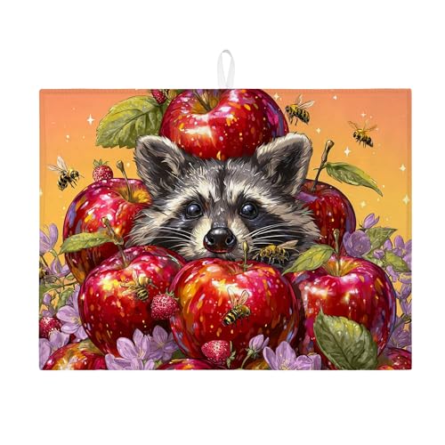 Waschbär-Abtropfmatte für Küchentheke, Fantasievolle Früchte, florales saugfähiges Abtropfgestell, Matte, Herbst-Mikrofaser-Trockenunterlage für Küchentheke, Kaffee, Bar-Schutz, 45,7 x 61 cm von Generic