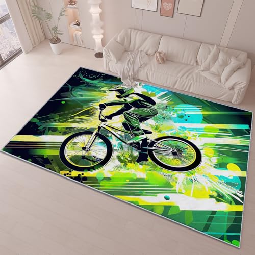 Waschbar Home Teppich Wohnzimmer Schlafzimmer Sport Abstraktes Fahrrad Teppich für Esszimmer Kurzflor rutschfest TeppichFlauschig Weich GrüN Rechteck Moderne Deko Teppiche, Grösse:140x200cm von Generic