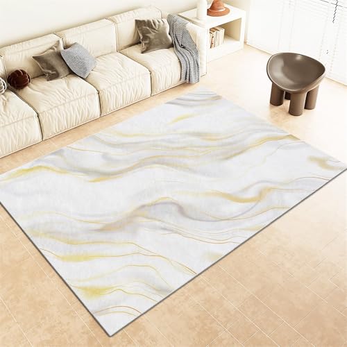 Waschbar Home Teppich Wohnzimmer Schlafzimmer Weiß Gold Marmor Teppich für Esszimmer Kurzflor rutschfest TeppichFlauschig Weich Weiß Rechteck Moderne Deko Teppiche, Grösse:80x150cm von Generic