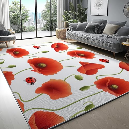 Waschbar Teppich Surrealismus Blumen Mohnblumen Drucken für Wohnzimmer Schlafzimmer Flur, Rot Flauschiger Flanell & Haustierfreundlicher Teppich, 160 x 230 cm rutschfeste Teppiche von Generic