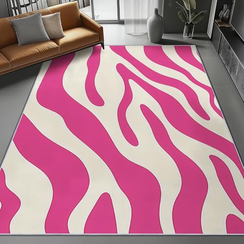 Waschbar Teppich für Wohnzimmer Esszimmer Kinderzimmer Abstrakt Camouflage Wellenlinien Thema, Flanell Nachttisch Teppich mit Rutschfester TPR-Rückseite 60 x 110 cm, Rosa von Generic