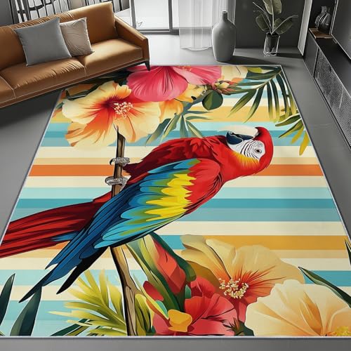 Waschbar Teppich für Wohnzimmer Esszimmer Kinderzimmer Abstrakt Vögel Tropische Blumen Thema, Flanell Nachttisch Teppich mit Rutschfester TPR-Rückseite 60 x 110 cm, Bunt von Generic