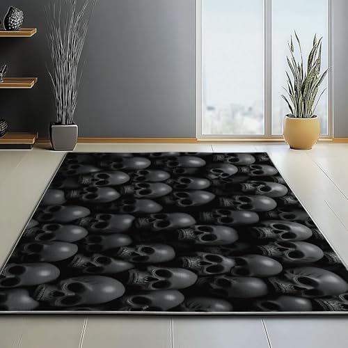 Waschbar Teppich für Wohnzimmer Esszimmer Kinderzimmer Dunkle Töne Gothic Totenkopf Thema, Flanell Nachttisch Teppich mit Rutschfester TPR-Rückseite 160 x 230 cm, Schwarz Waschbar Teppich für Wohnzimmer Esszimmer Kinderzimmer Dunkle Töne Gothic Totenkopf Thema, Flanell Nachttisch Teppich mit Rutschfester TPR-Rückseite 160 x 230 cm, Schwarz von Generic