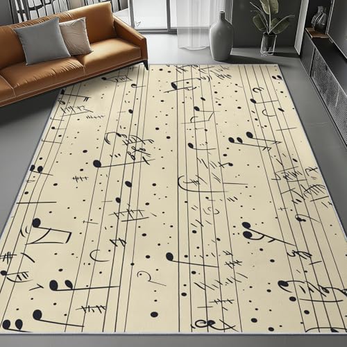 Waschbar Teppich für Wohnzimmer Esszimmer Kinderzimmer Einfach Linienkunst Musikelemente Thema, Flanell Nachttisch Teppich mit Rutschfester TPR-Rückseite 60 x 110 cm, Creme von Generic