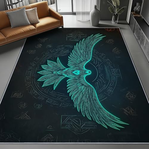 Waschbar Teppich für Wohnzimmer Esszimmer Kinderzimmer Fantasie Vögel Flügel Runen Thema, Flanell Nachttisch Teppich mit Rutschfester TPR-Rückseite 60 x 110 cm, Blaugrün Waschbar Teppich für Wohnzimmer Esszimmer Kinderzimmer Fantasie Vögel Flügel Runen Thema, Flanell Nachttisch Teppich mit Rutschfester TPR-Rückseite 60 x 110 cm, Blaugrün von Generic