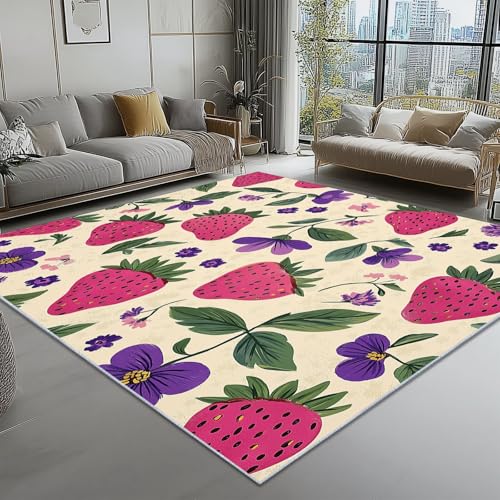 Waschbar Teppich für Wohnzimmer Esszimmer Kinderzimmer Handgezeichneter Stil Früchte Blumen Thema, Flanell Nachttisch Teppich mit Rutschfester TPR-Rückseite 60 x 110 cm, Rosa von Generic